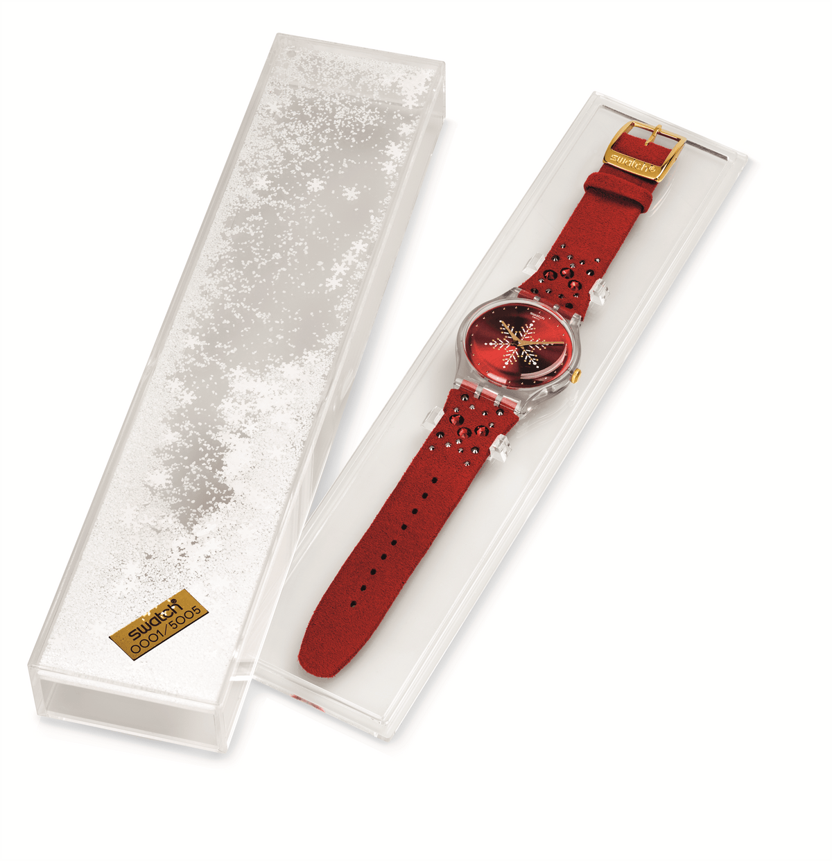 Swatch unisex Christmas wristwatch with red fabric strap, shown in open display box