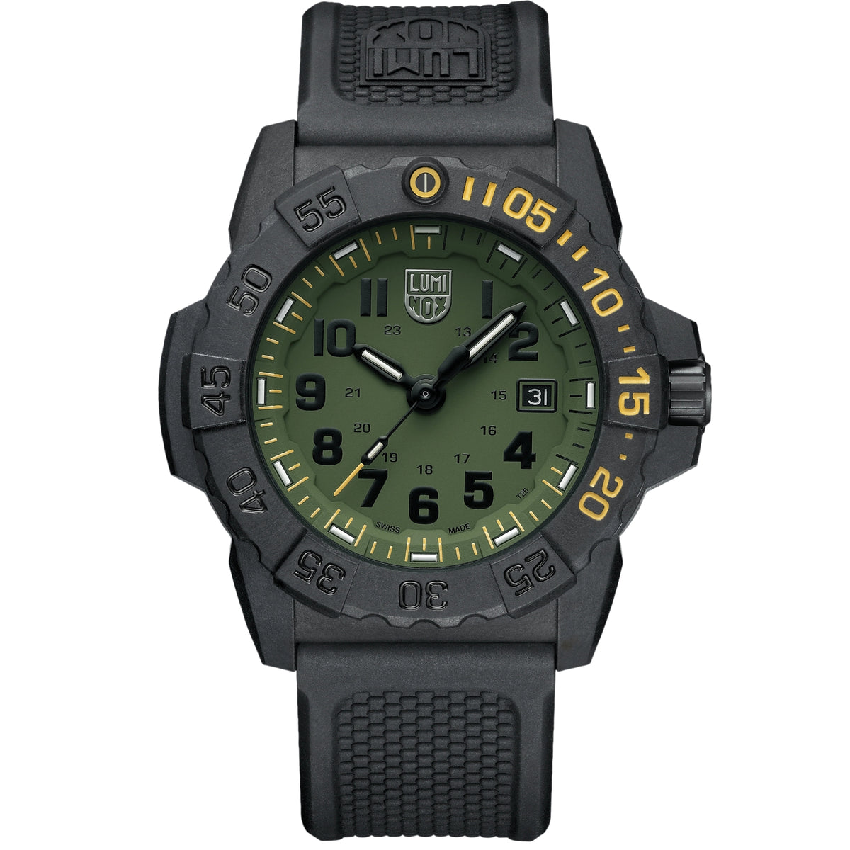 Luminox Navy SEAL Foundation 45mm quartz watch with green dial, black rubber strap, and bezel