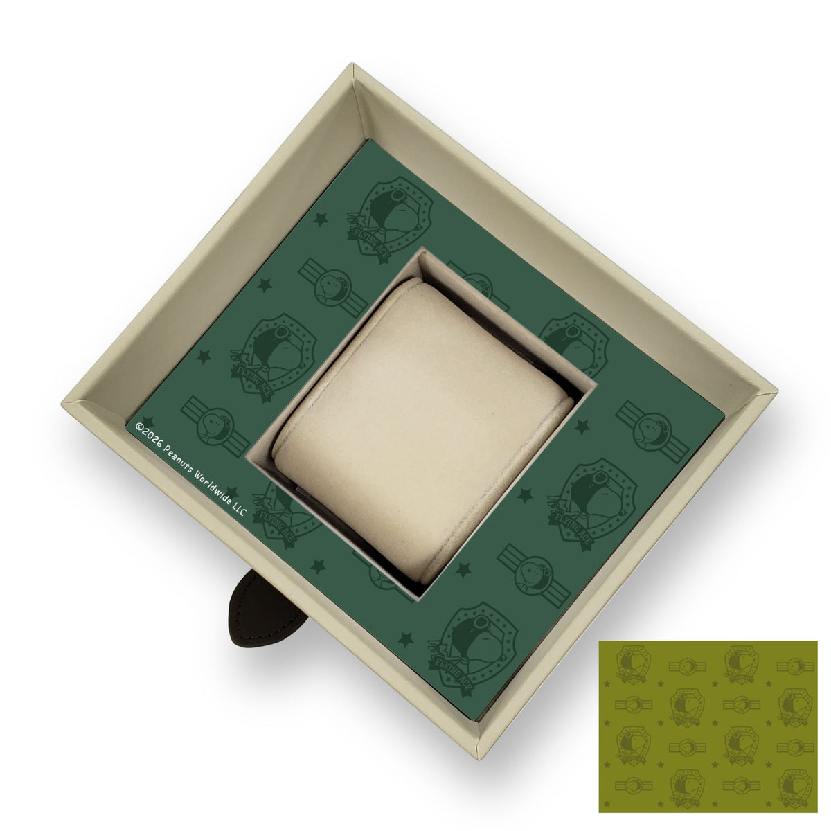 Limited-edition watch presentation box with green patterned insert and folded leather case.