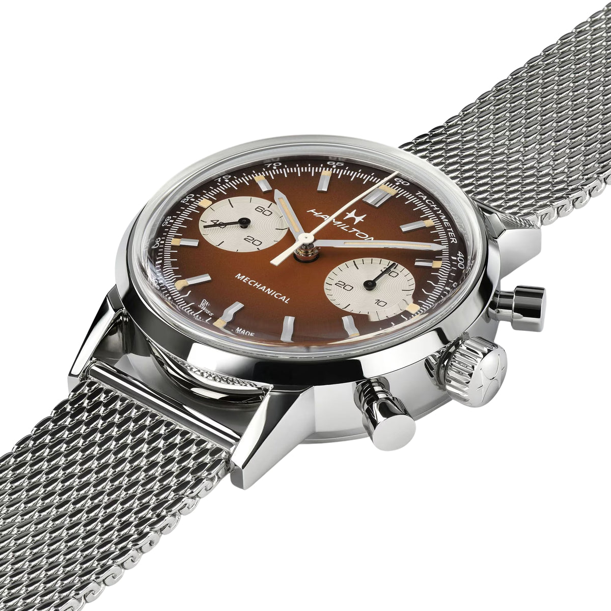 Hamilton 40mm chronograph watch, brown dial with subdials, silver case and mesh bracelet