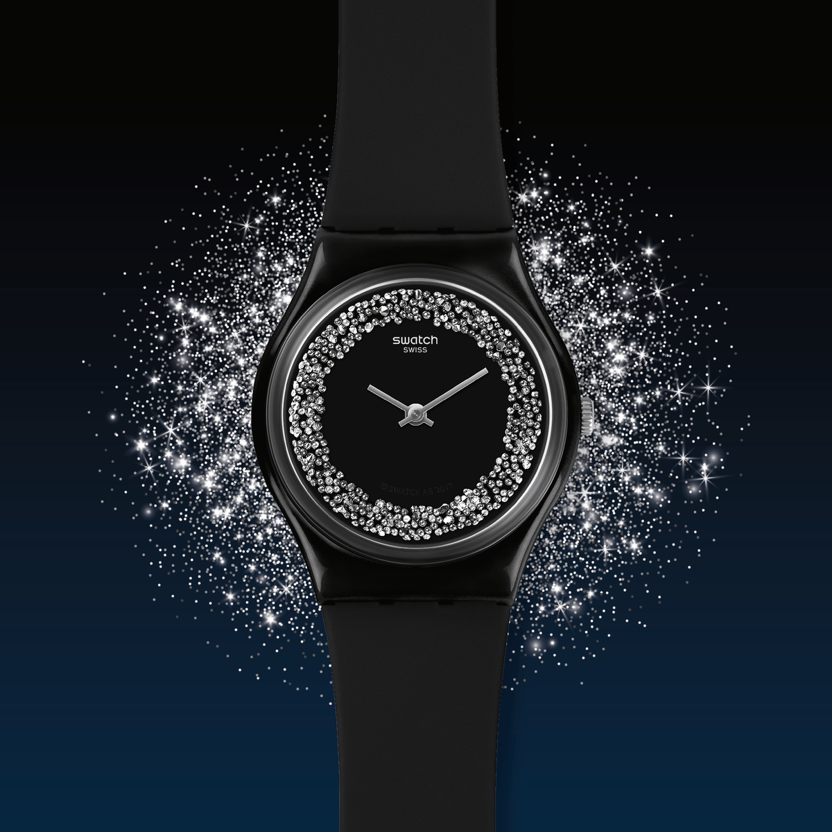 Ladies black watch with crystal-studded bezel, round face, and three-hand dial