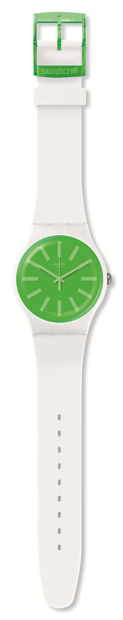 Men's white silicone strap watch, green dial visible on wristband