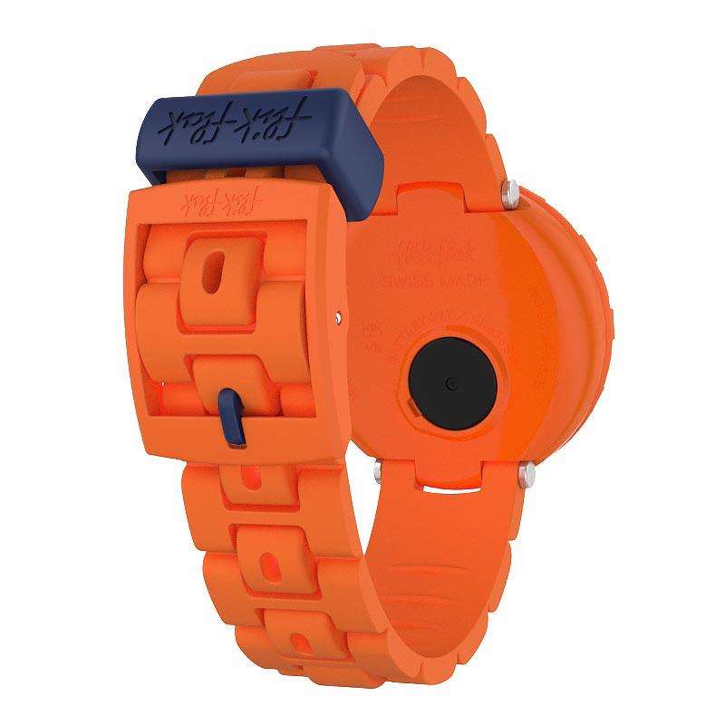 Orange kids' watch with textured silicone strap and blue case back view
