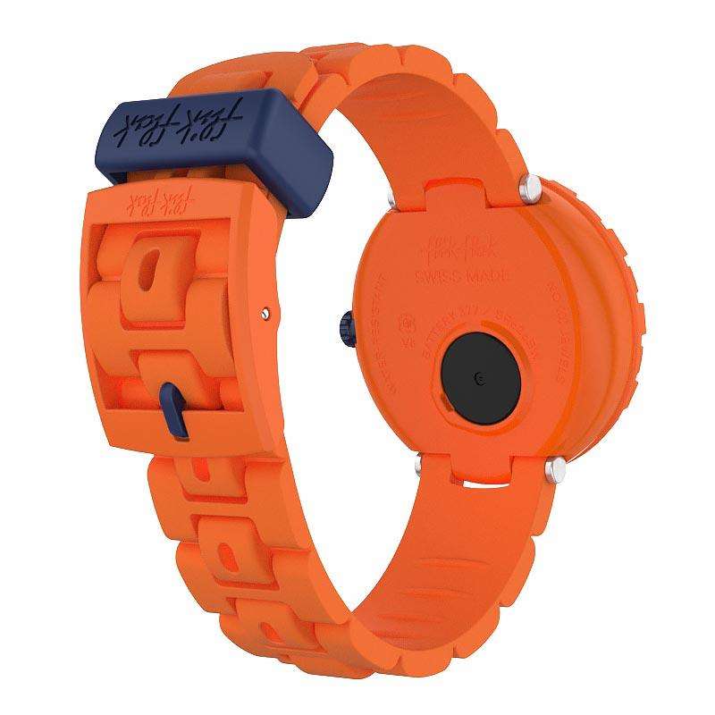 Orange kids' watch with orange case back and blue top cover, silicone strap