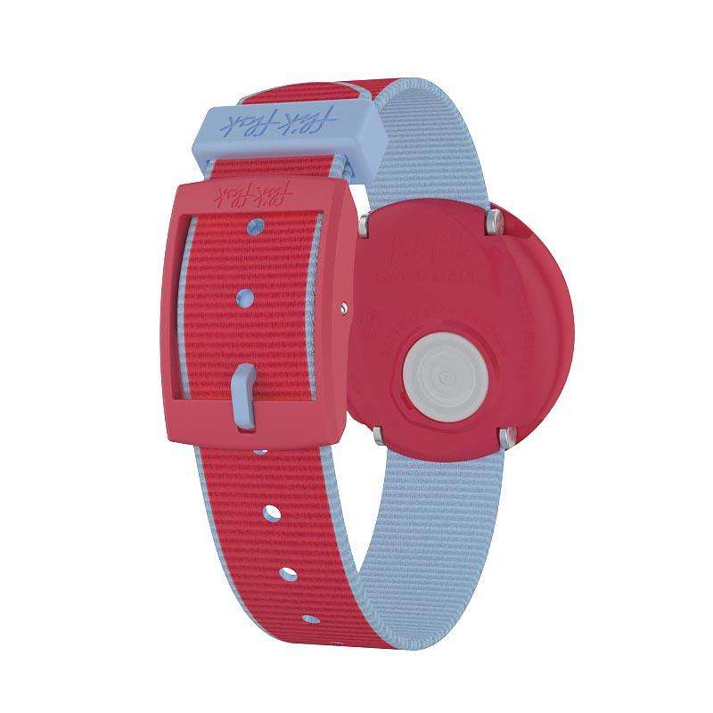 Flik Flak kids watch buckle and caseback with red housing and blue fabric band
