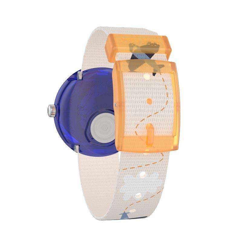 Kid's analog watch with blue back and beige airplane print strap, orange clasp