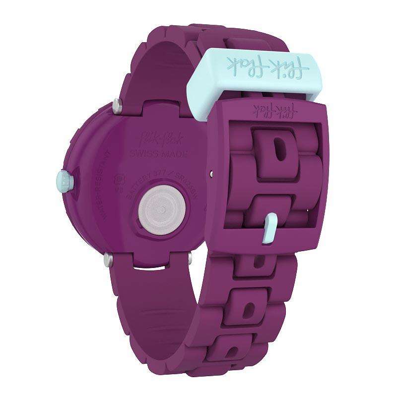 Flik Flak kids watch back with purple case and band, light blue strap end