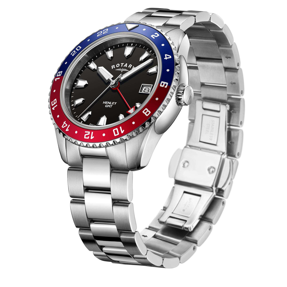 Men's stainless steel GMT watch angled view with blue/red bezel and linked bracelet