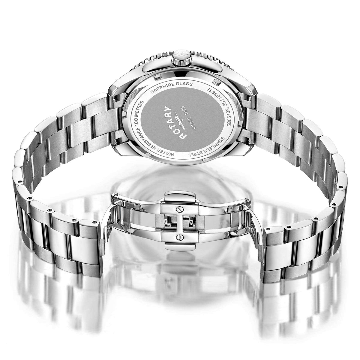 Men's stainless steel GMT watch case back with engraved back plate and bracelet links