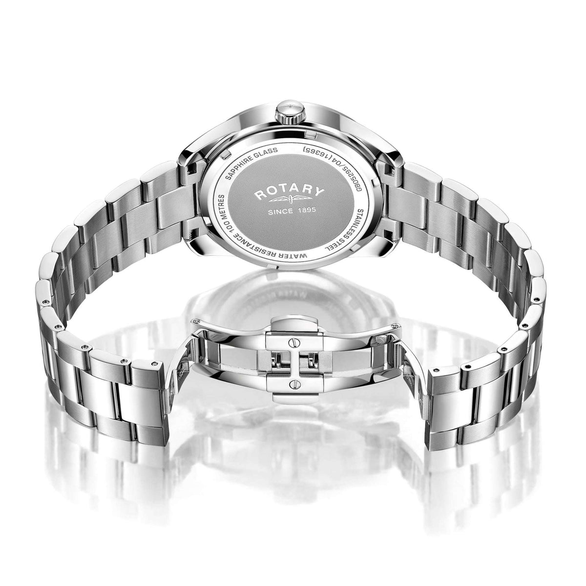 Men's stainless steel watch caseback with Rotary logo on metal bracelet