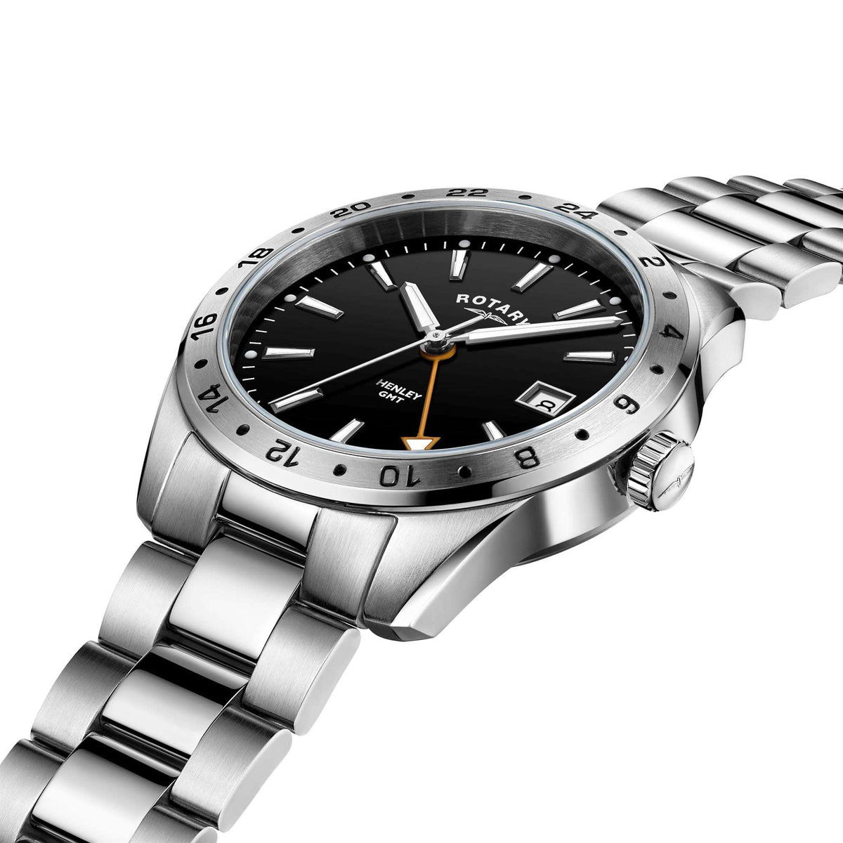 Men's stainless steel GMT watch with black dial and orange GMT arrow marker