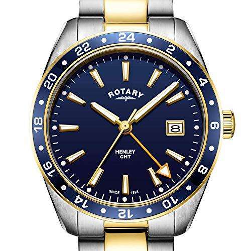 Two-tone GMT watch dial with blue face, gold hour markers, hands, and date window.