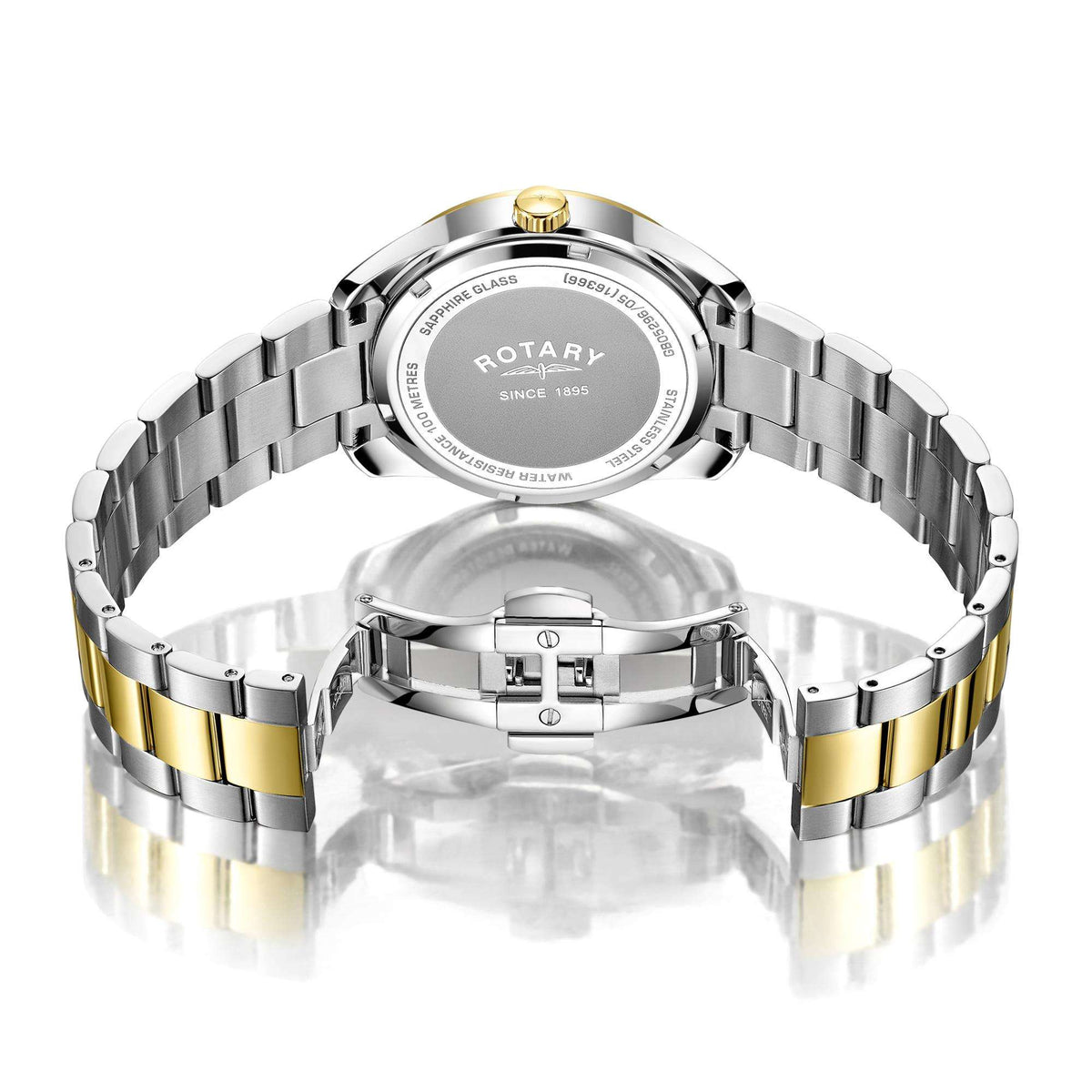 Stainless steel watch caseback with engravings, two-tone bracelet and clasp.