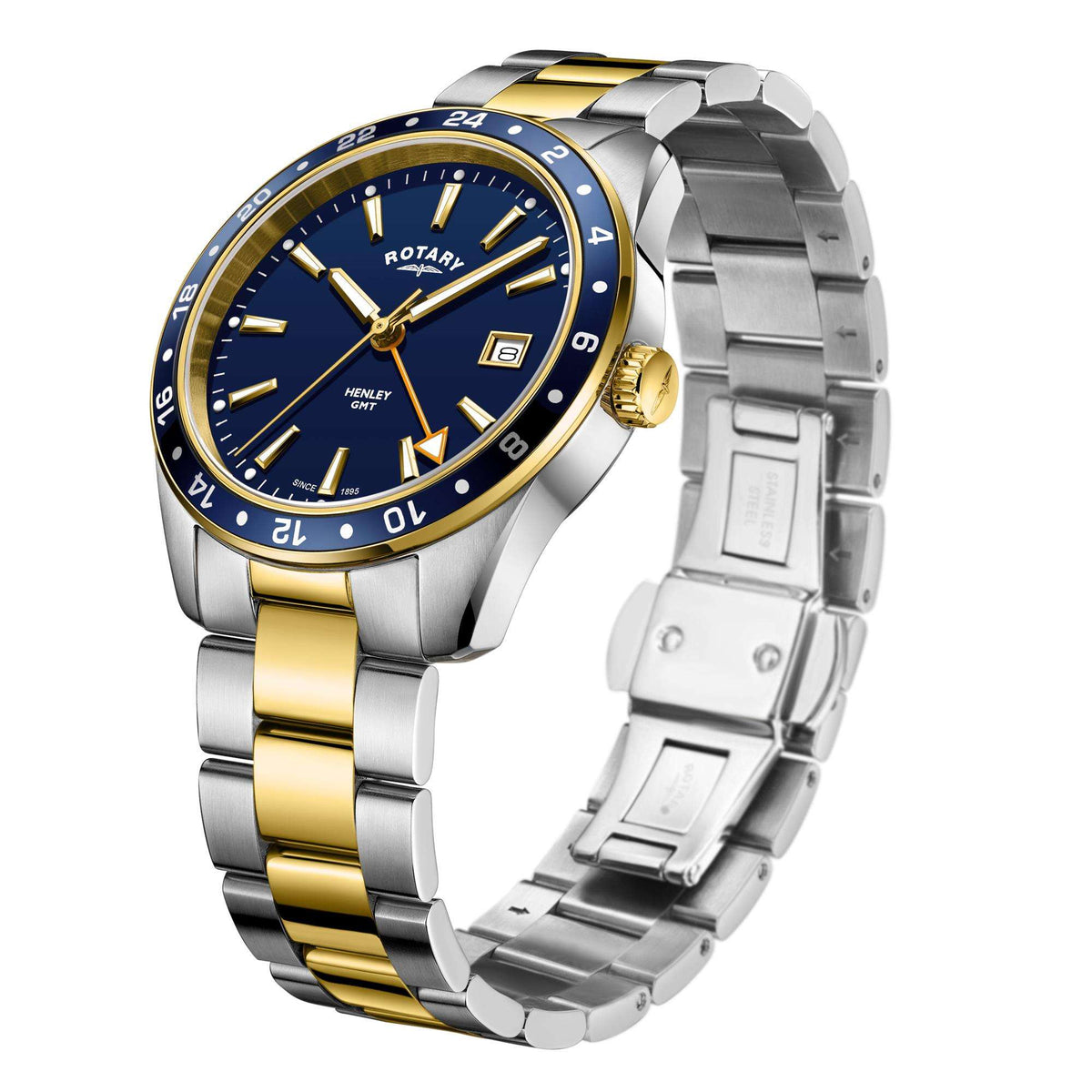 Two-tone stainless steel GMT watch, angled view showing blue dial and gold-and-silver bracelet.