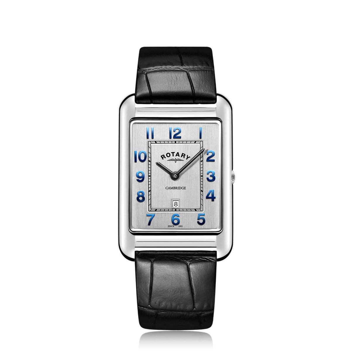 Mens black leather strap square dial watch with silver case and blue numerals