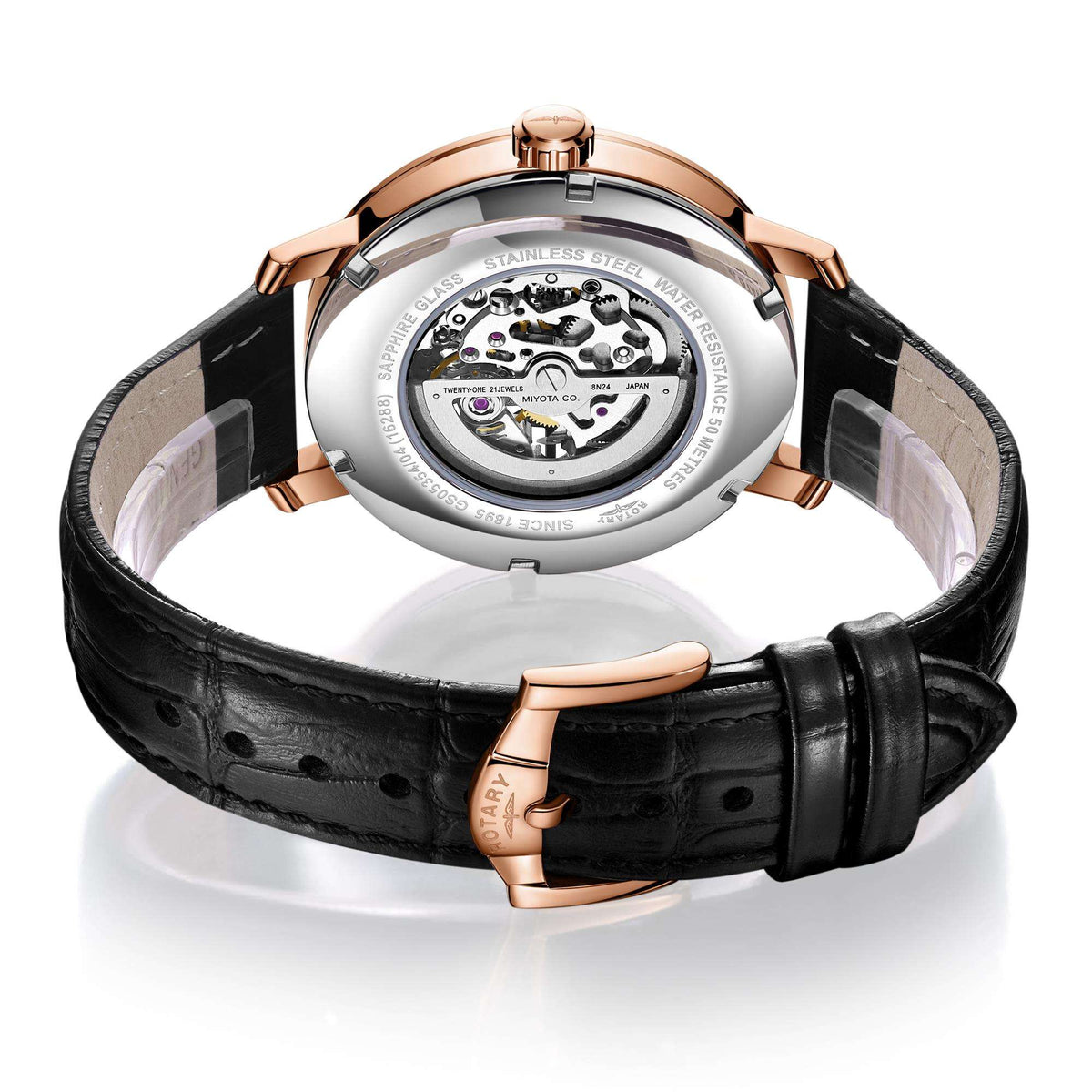 Men's watch caseback view, rose gold-tone accents, black leather strap
