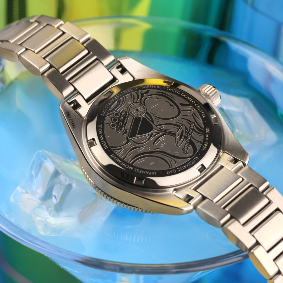 Men's steel automatic GMT watch, black dial with detailed design and metal bracelet