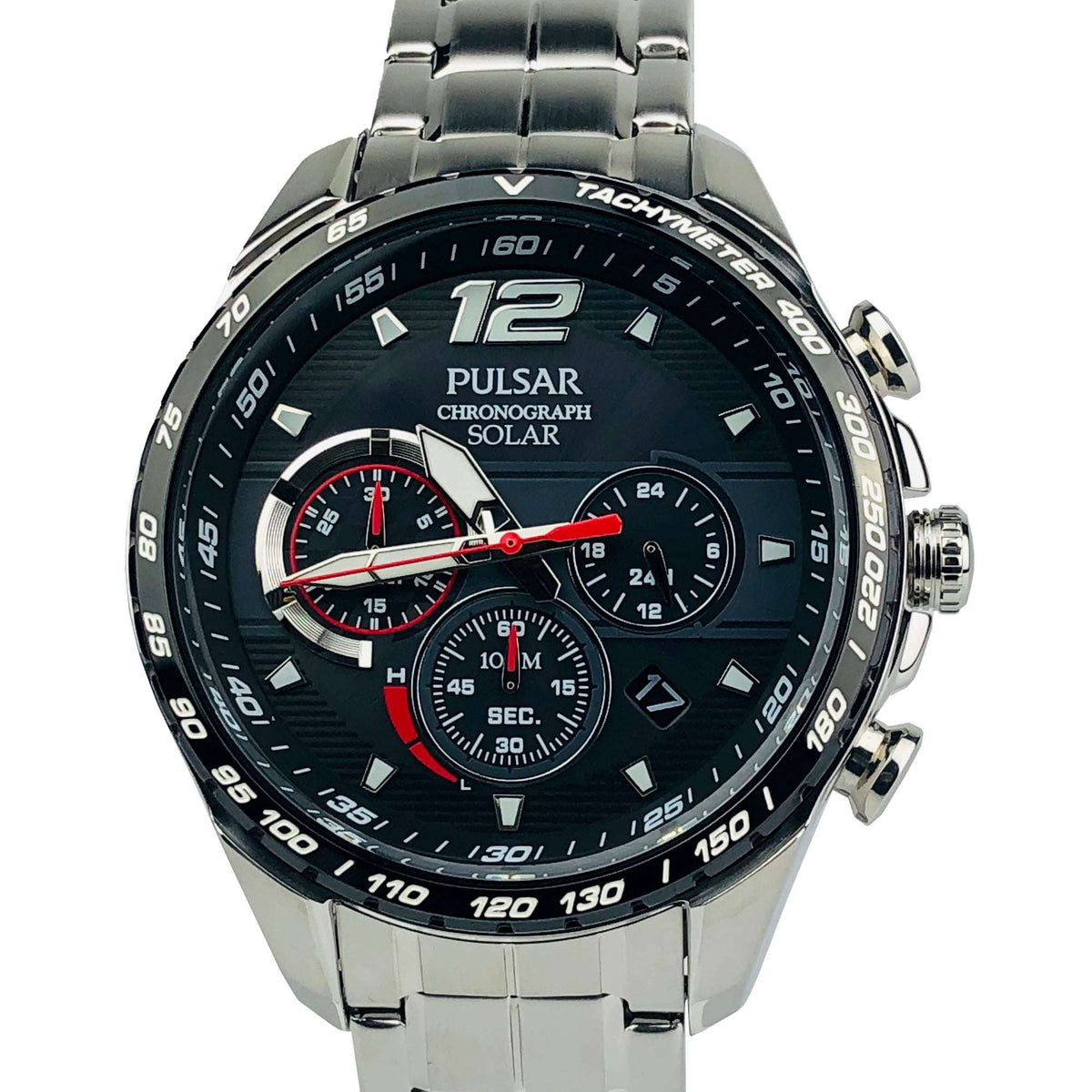Men's stainless steel chronograph solar watch, black dial with red-accent subdials