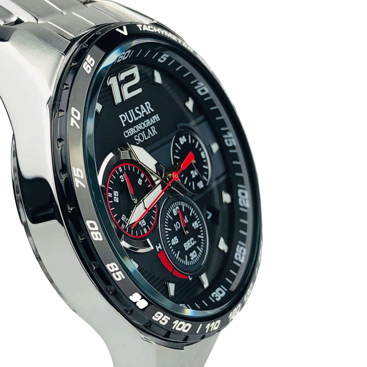 Men's stainless steel chronograph solar watch side close-up of black dial and red hands