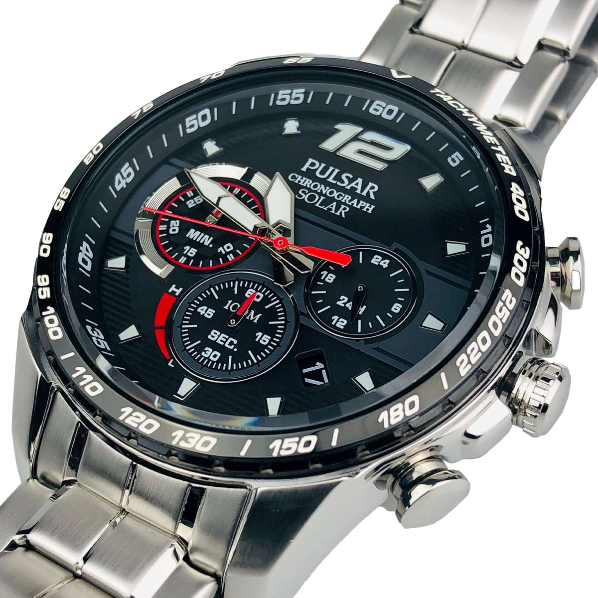 Men's stainless steel chronograph solar watch close-up, black dial with red seconds dial