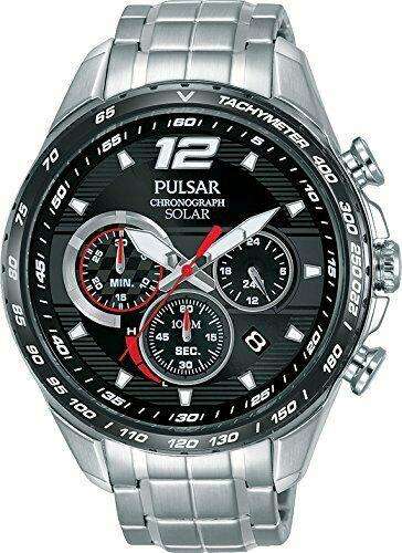 Men's stainless steel chronograph solar watch with black dial and red subdials