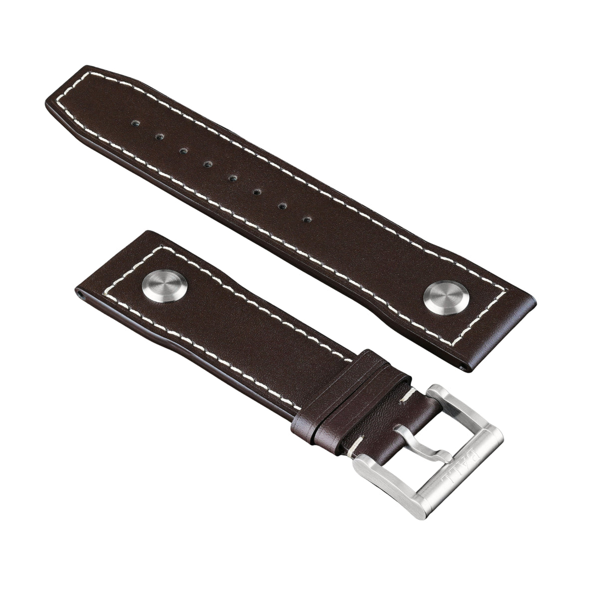 Brown leather watch strap with metal buckle and stitching, with two keeper holes.