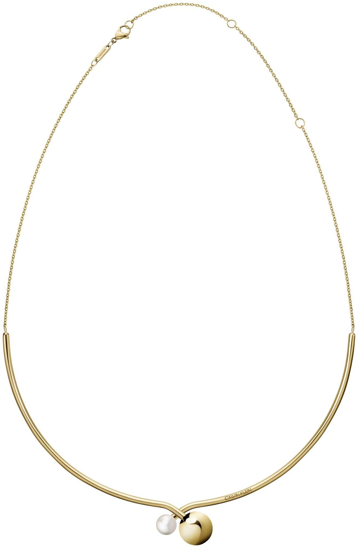 Gold-tone PVD stainless steel necklace with pearl-and-gold ball pendant at center