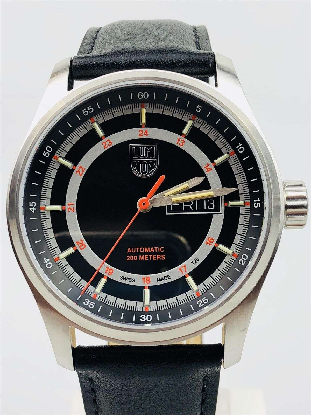Men's automatic watch with black dial and date window, black leather strap, stainless case