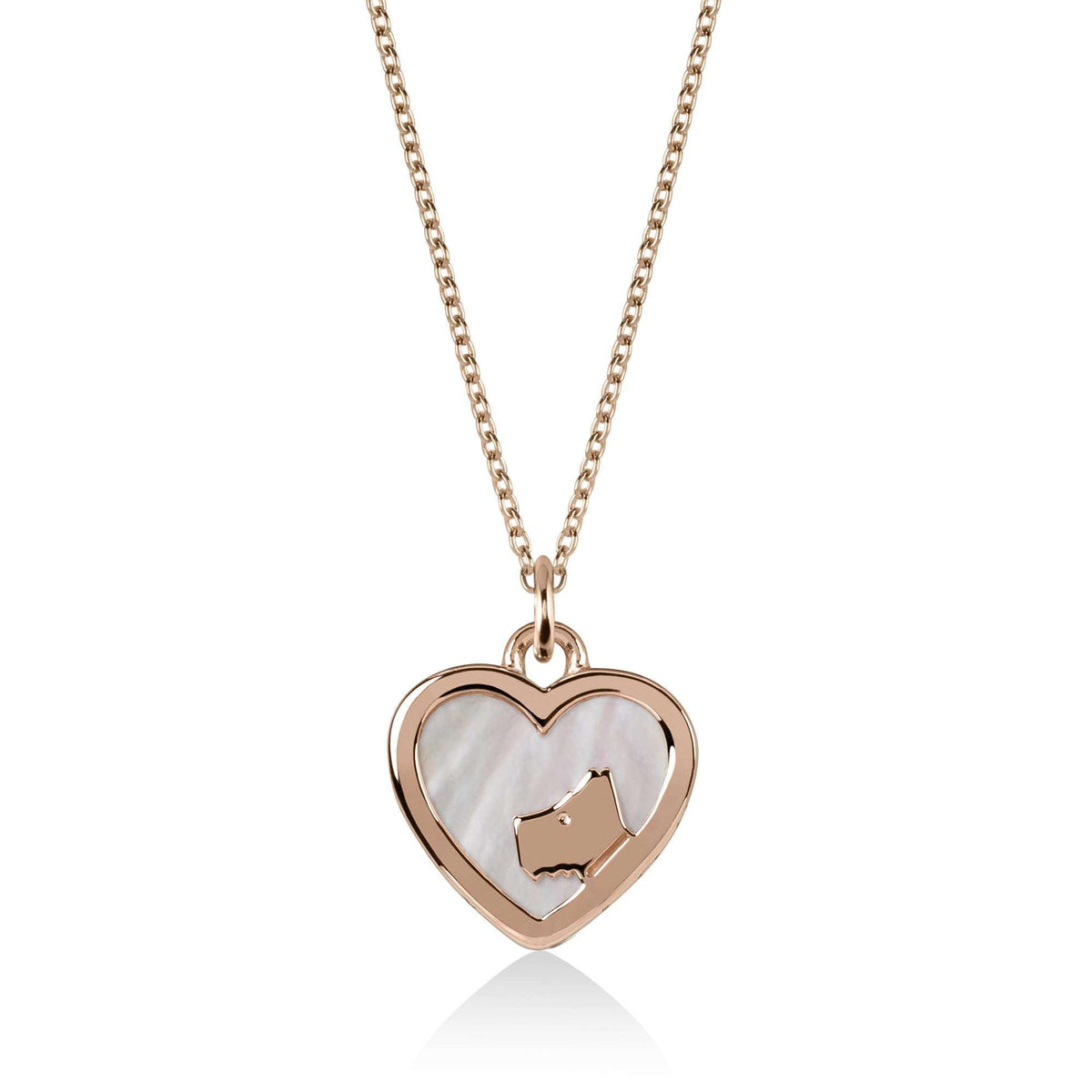 Rose gold tone heart dog pendant necklace with mother-of-pearl inlay and link chain
