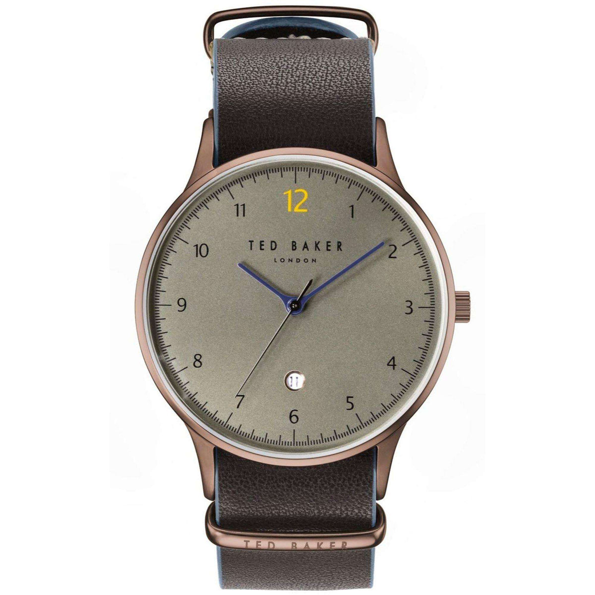 Men's quartz watch with silver-gray dial, blue hands, and dark leather strap.