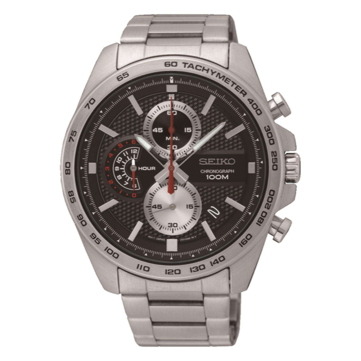 Men's stainless steel chronograph watch with black dial, silver case, tachymeter bezel