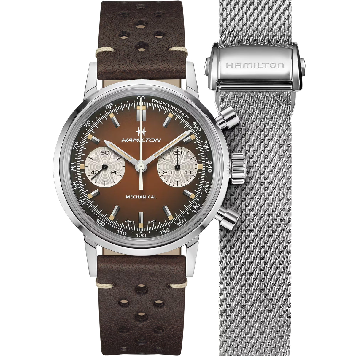 Hamilton 40mm chronograph watch front view with brown leather strap and silver case