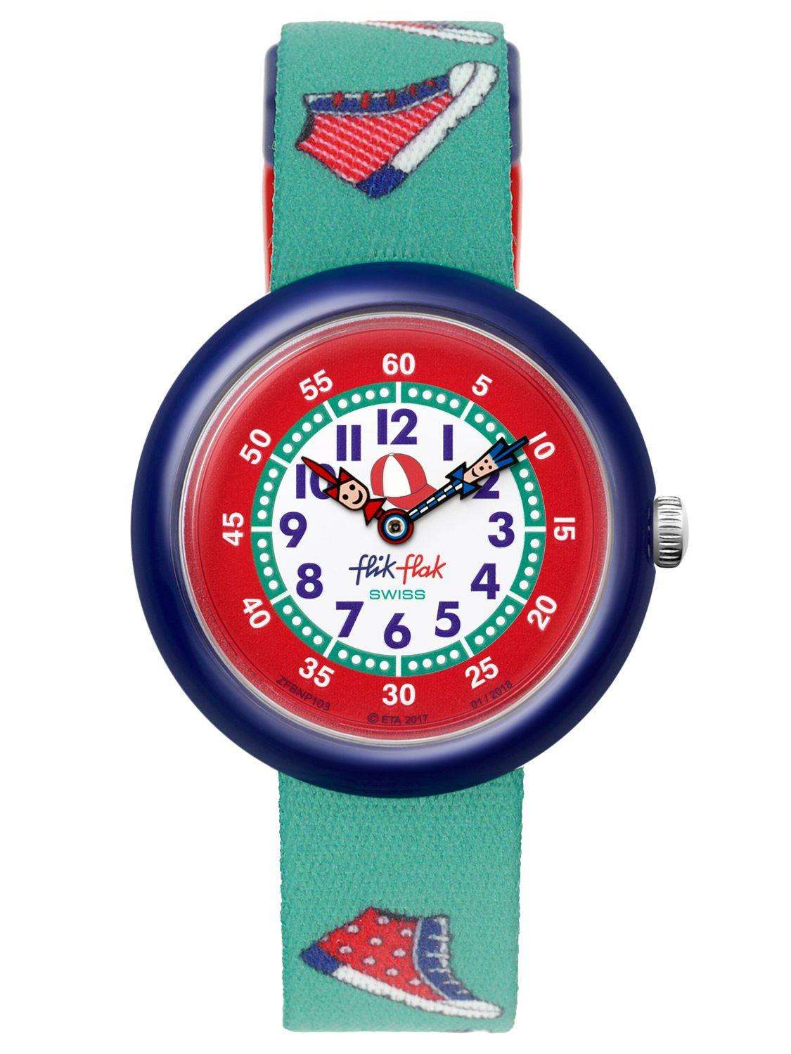 Kids round plastic watch with blue case and green fabric strap, sailboat patch