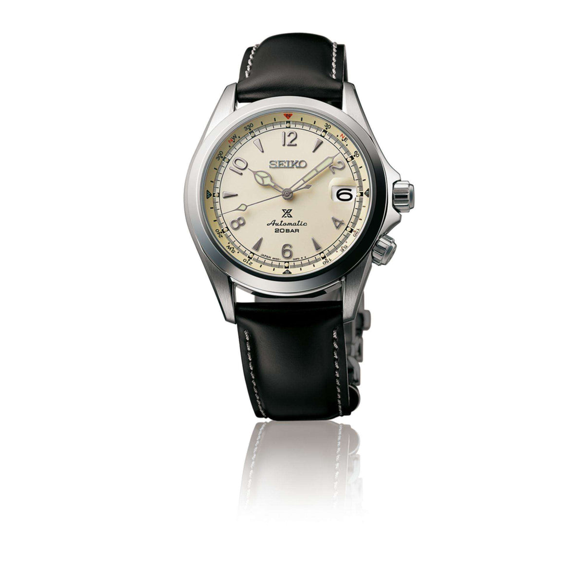 Men's automatic watch, angled view, cream dial and black leather strap with silver case