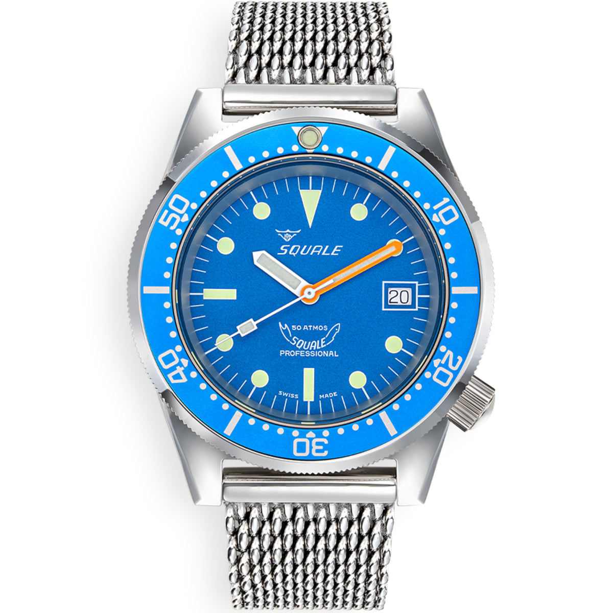 Men's automatic dive watch with blue dial, blue bezel, and silver mesh bracelet