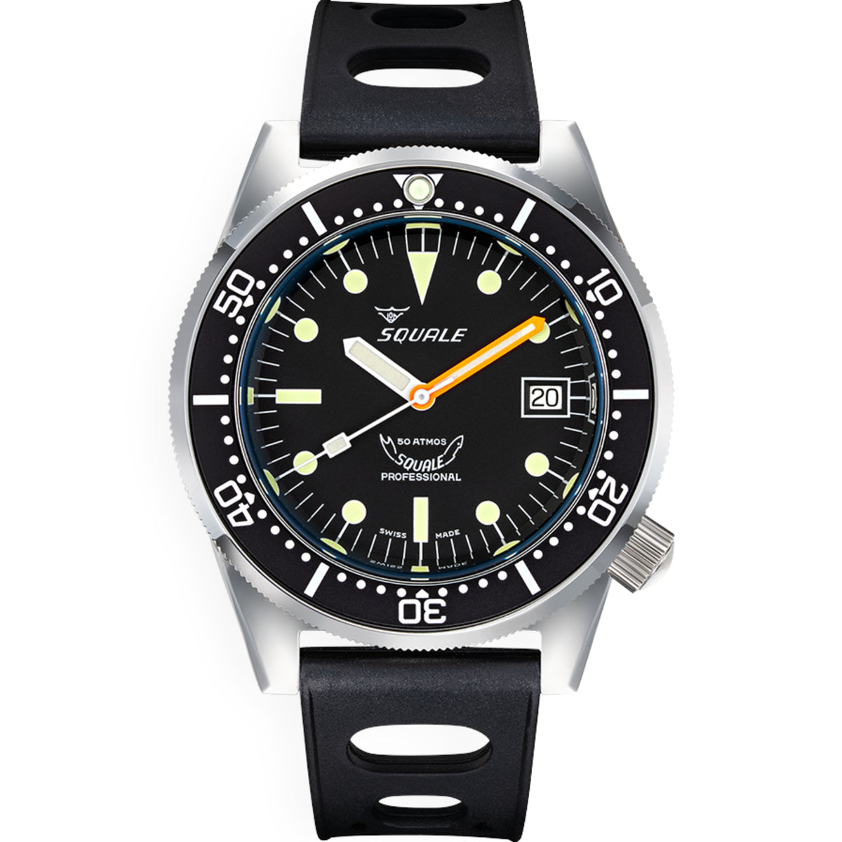 Men's automatic watch with black dial, black rubber strap, silver case, date window at 3