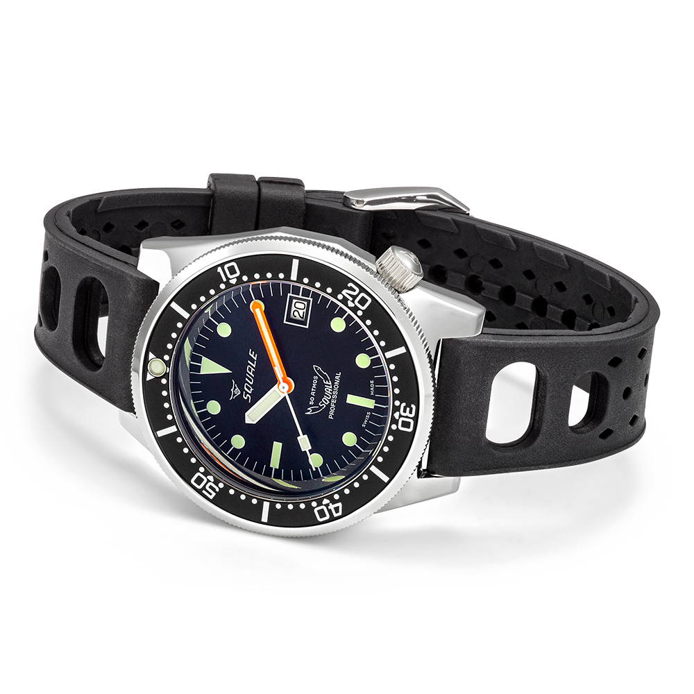 Men's automatic watch in silver case with dark dial and black perforated rubber strap, side angle