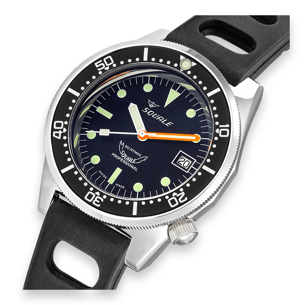 Men's automatic watch close-up with dark blue dial, black bezel, orange second hand, date at 3