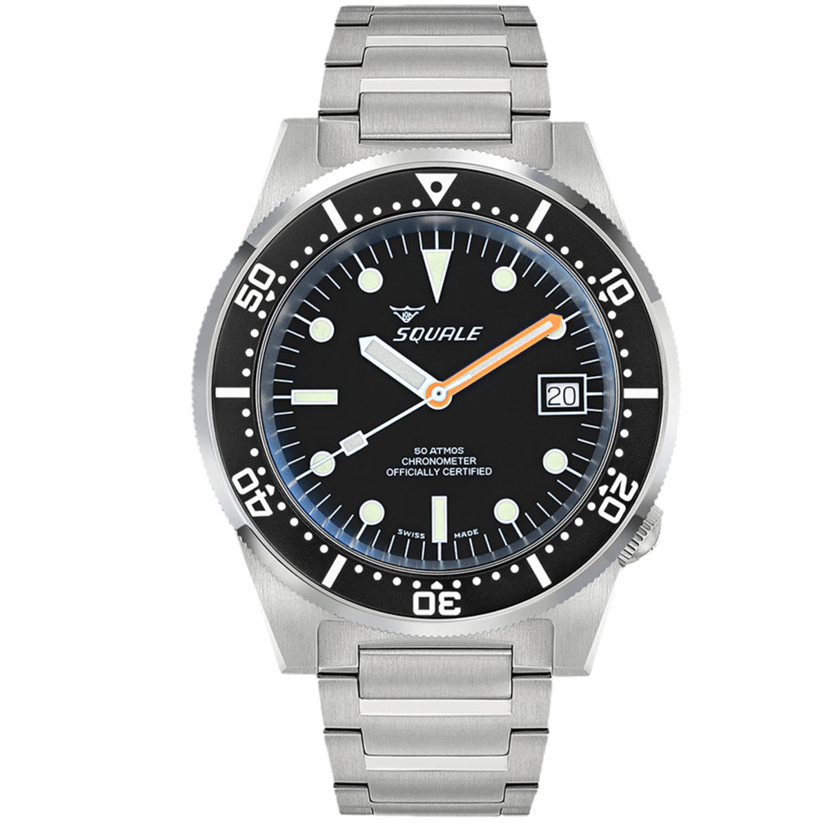 Men's steel diver watch, black dial with orange second hand and date at 20