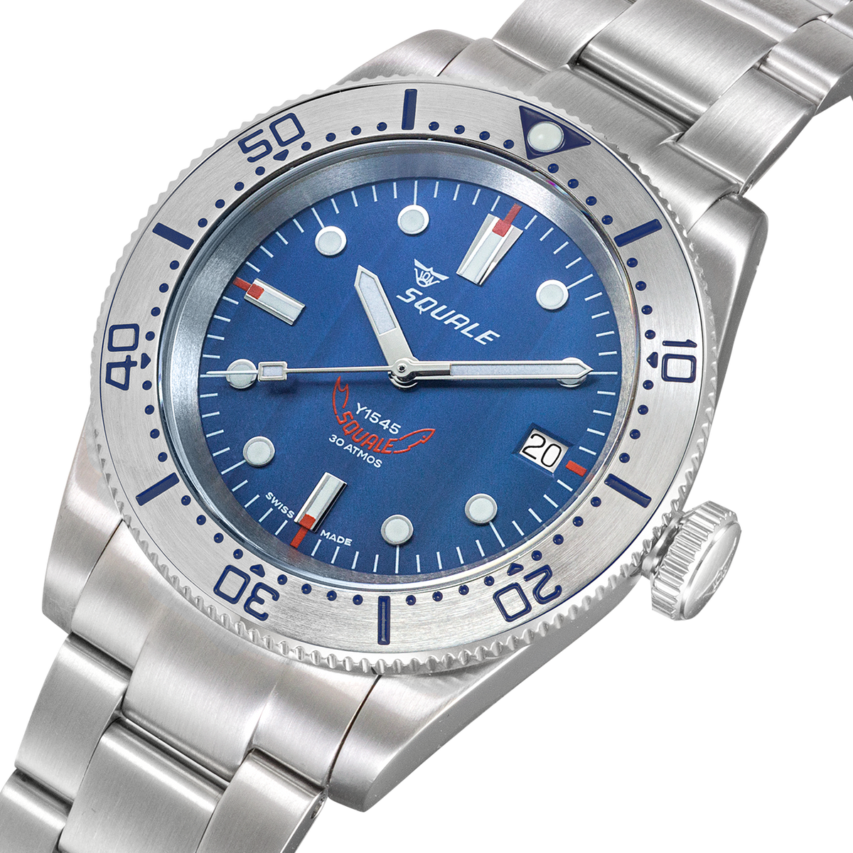 Squale 1545 1545SSBLC.AC blue dial and steel bezel close up
