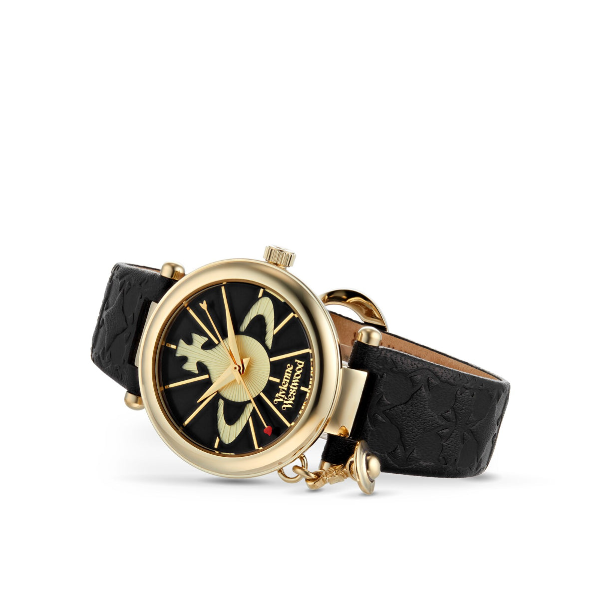 Vivienne Westwood Orb II VV006BKGD round gold-tone watch with black dial and black leather strap with dangling charms