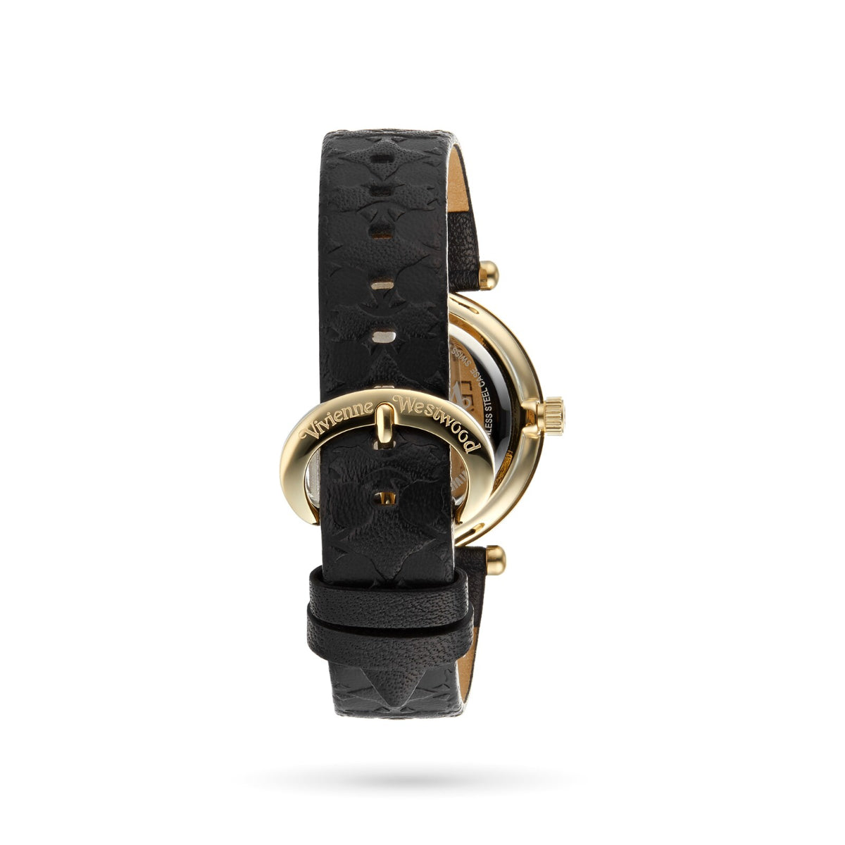 Side view of  Vivienne Westwood Orb II VV006BKGD gold-tone quartz watch with black dial and textured black leather strap