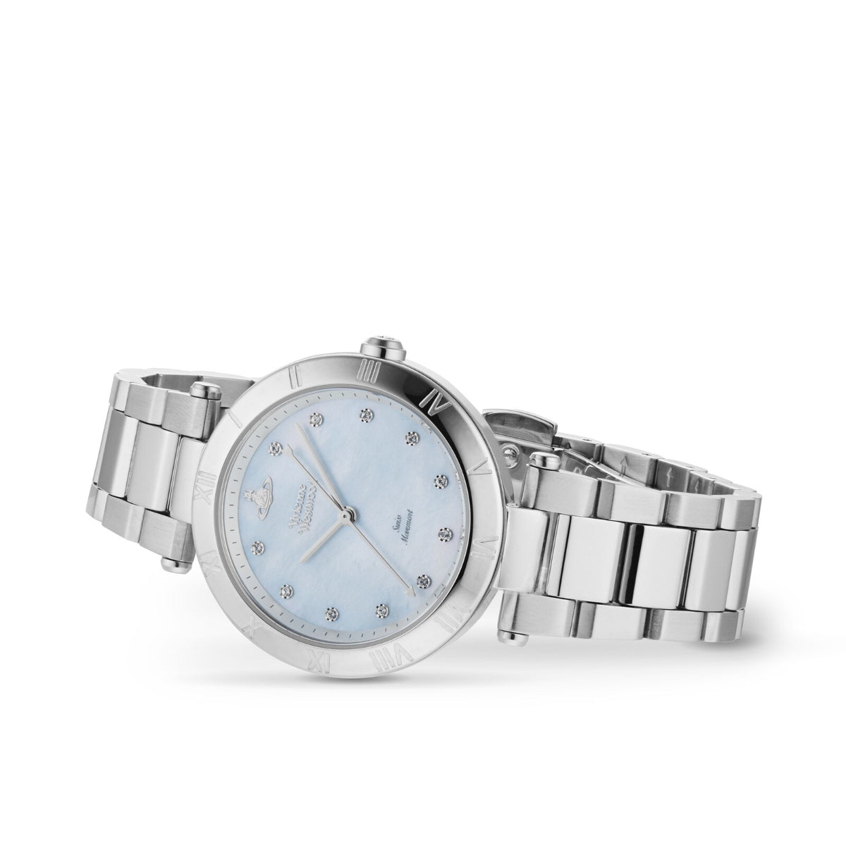 Vivienne Westwood Montagu VV206BLSL watch lying flat, showing steel bracelet and blue mother of pearl dial