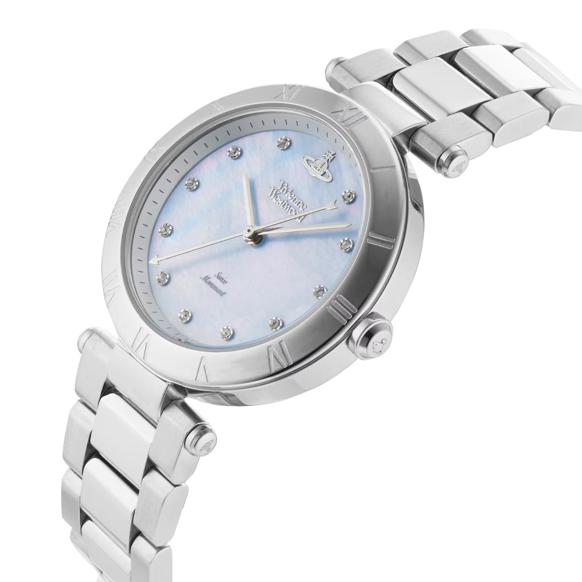 Vivienne Westwood Montagu VV206BLSL steel strap watch displaying blue mother of pearl dial at an angle
