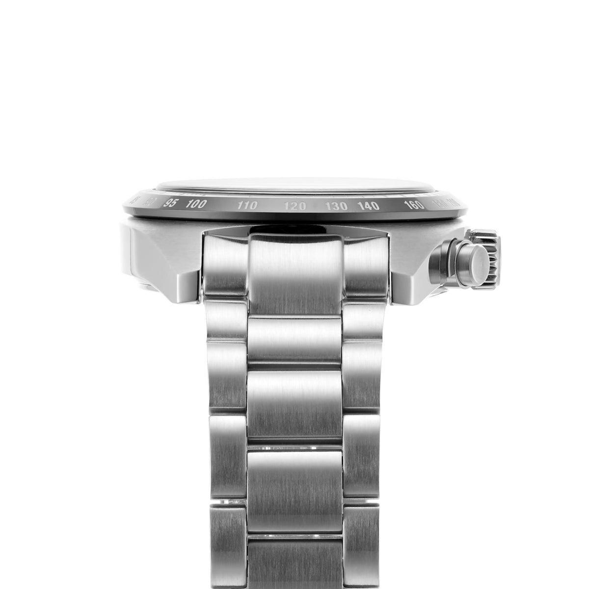 Men's steel chronograph watch, side profile with crown and stainless bracelet links