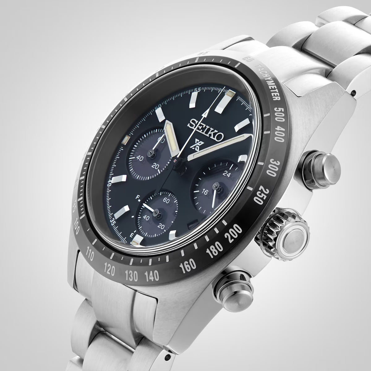 Men's steel chronograph watch with black dial and blue-accent subdials