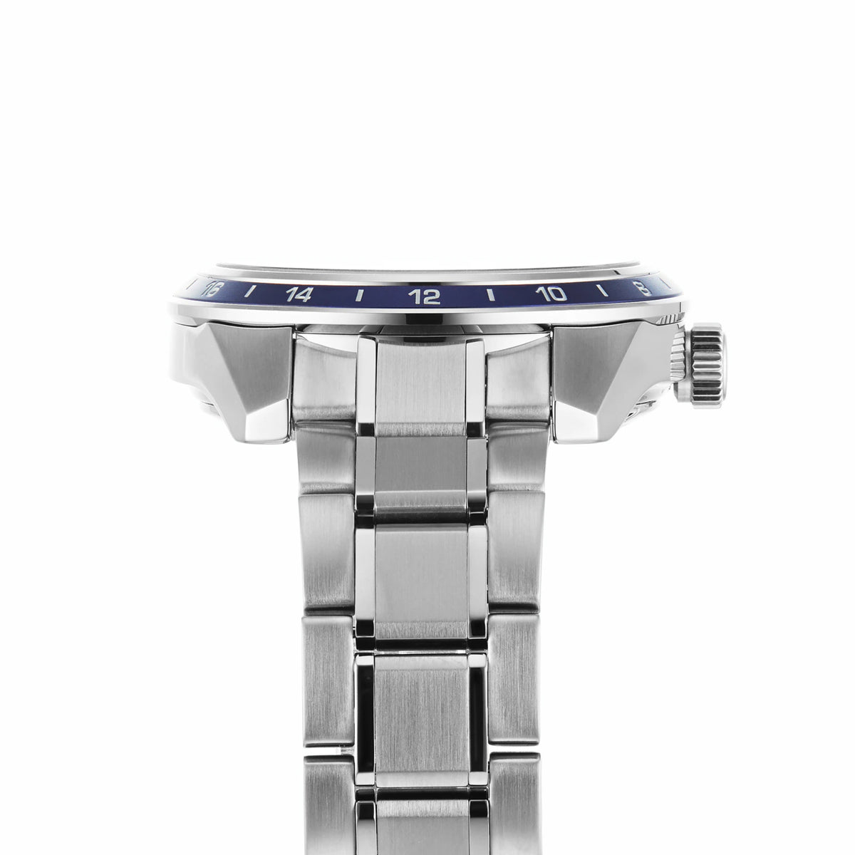 Seiko GMT watch side view with stainless steel bracelet, blue bezel, and visible crown