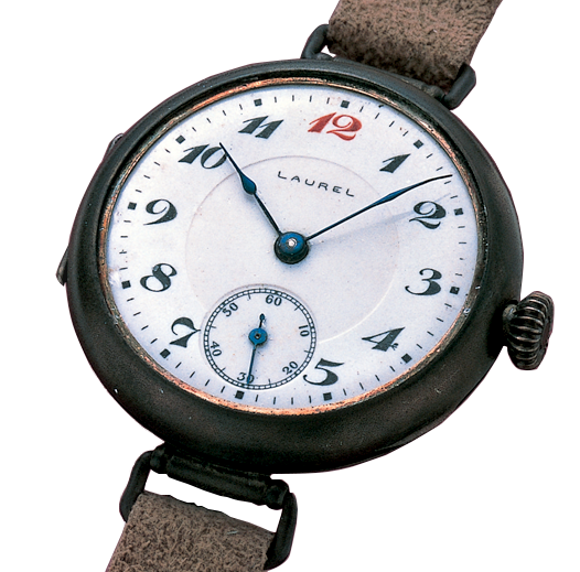First Seiko Laurel wrist watch from 1913 with white enamel dial and blue hands