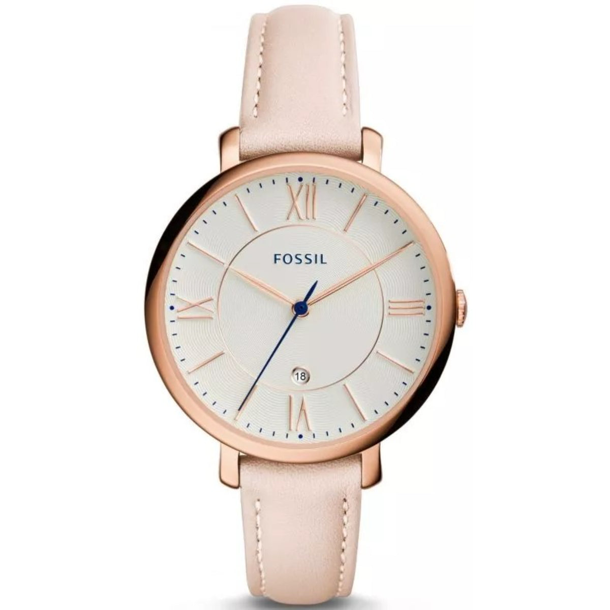 Fossil Jacqueline ES3988 ladies quartz watch featuring a round white dial, rose gold-tone case, date display window, and beige leather strap