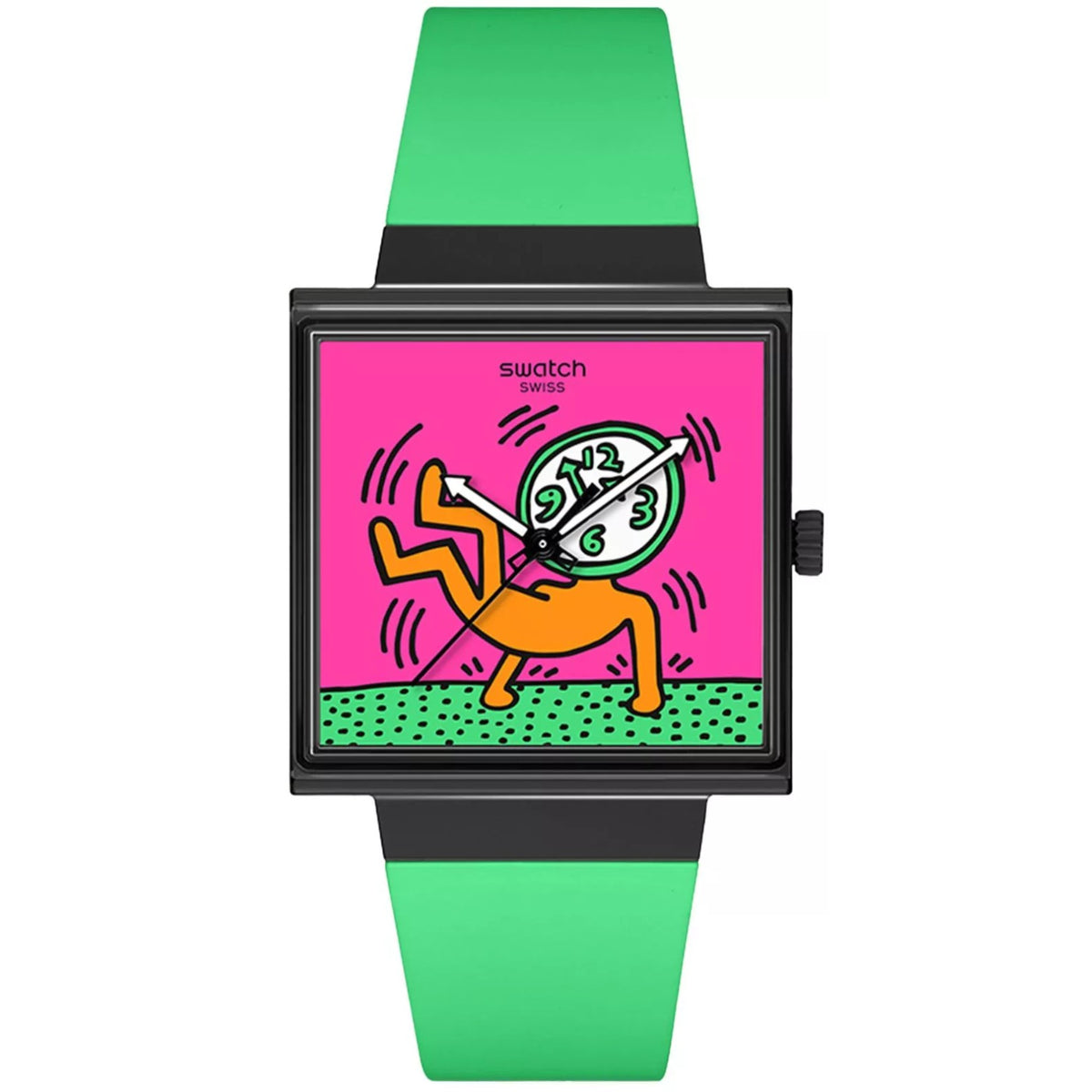 Square women’s watch with pink graphic dial, black bezel, green silicone strap